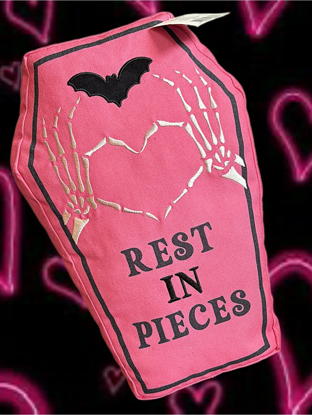 Pink “Rest in Pieces” Coffin Throw Pillow NWT